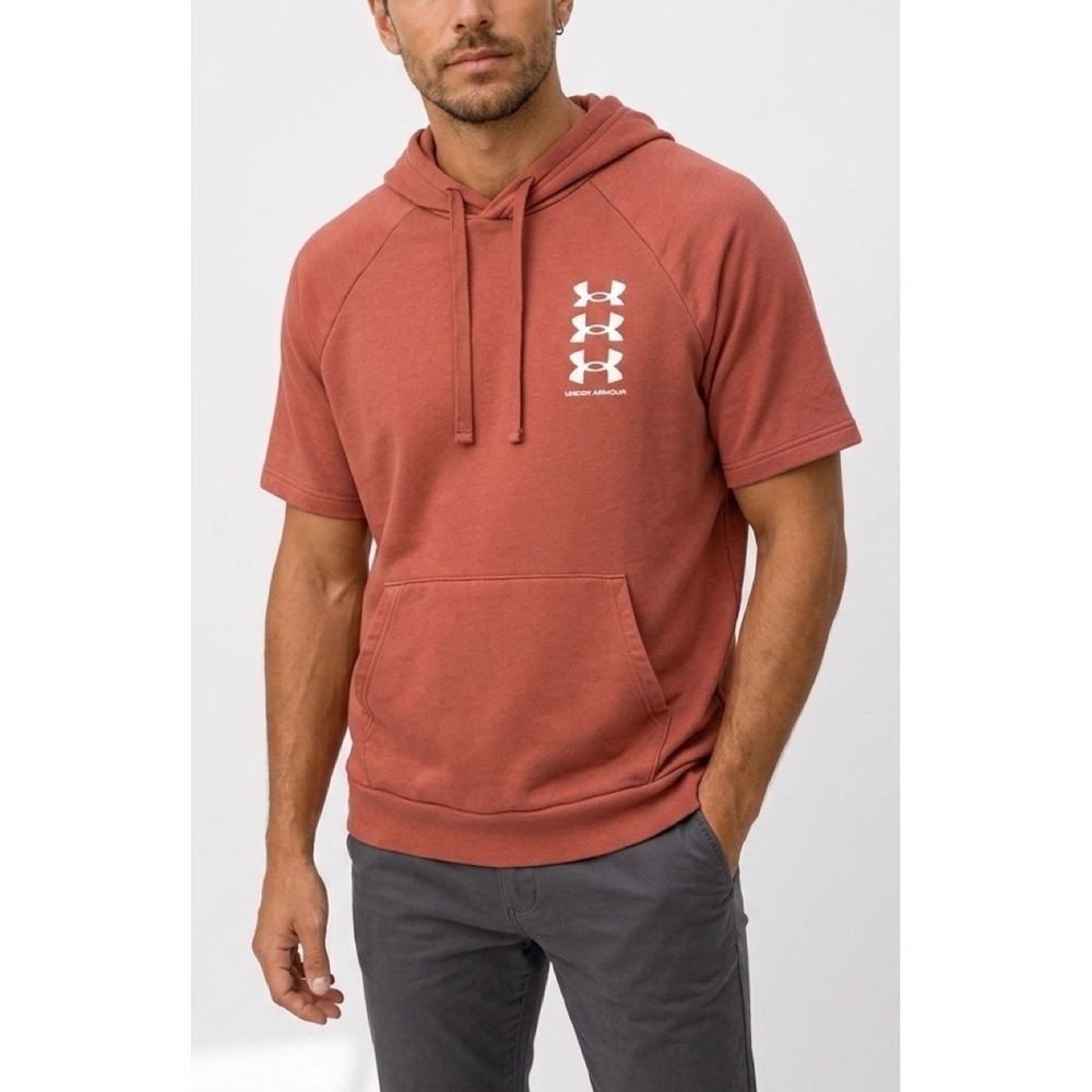 Under Armour Mens ColdGear Short Sleeve Hoodie Rust Orange Stacked Logo Large